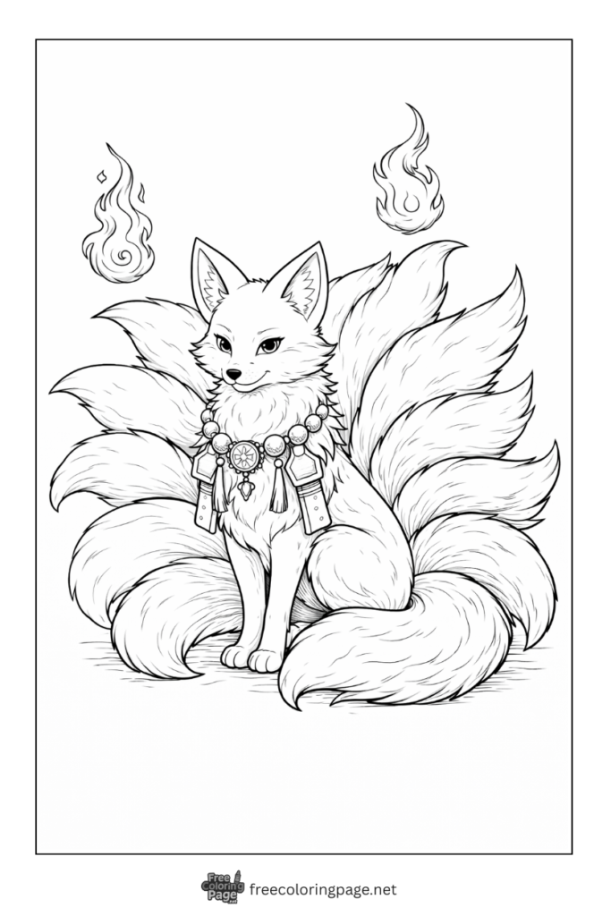 coloring page of nine tailed fox kitsune