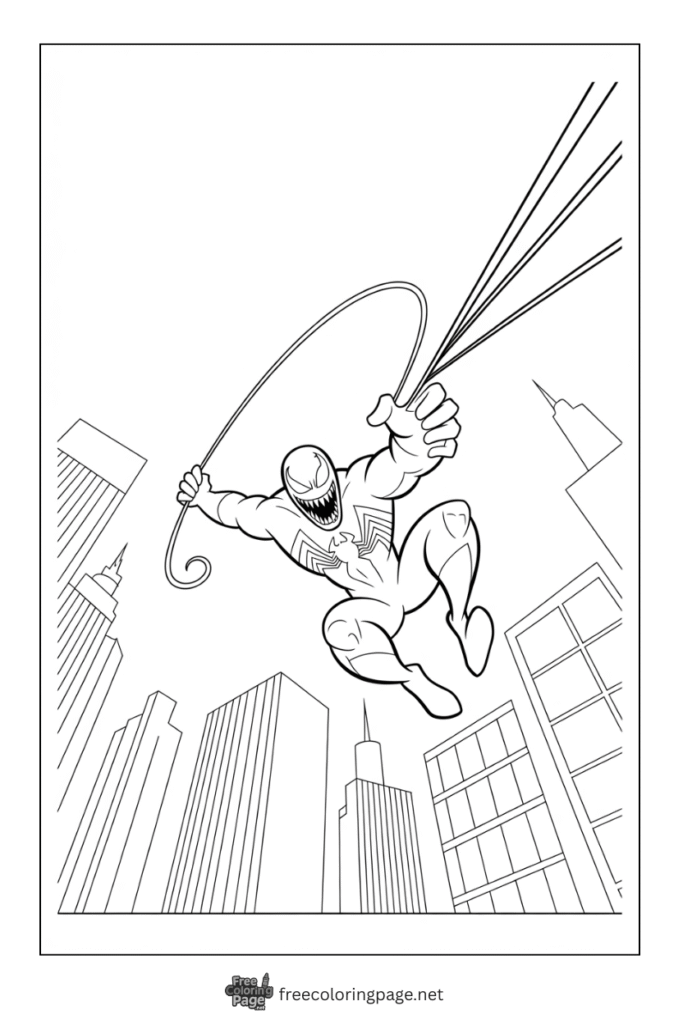 coloring page of venom with rope swinging