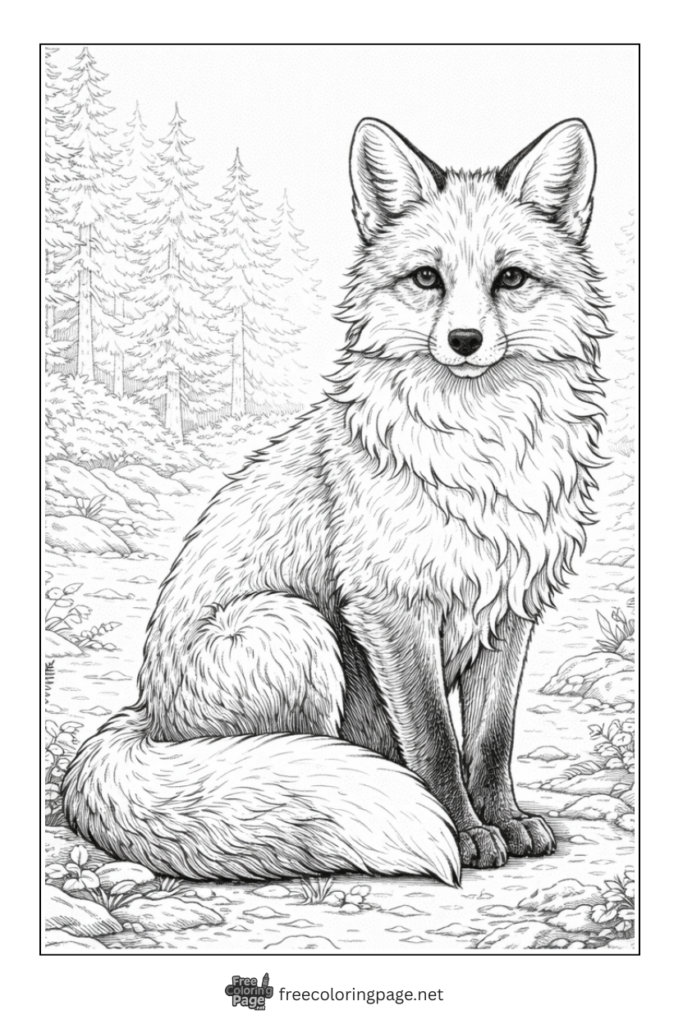 coloring page of realistic fox sitting in jungle