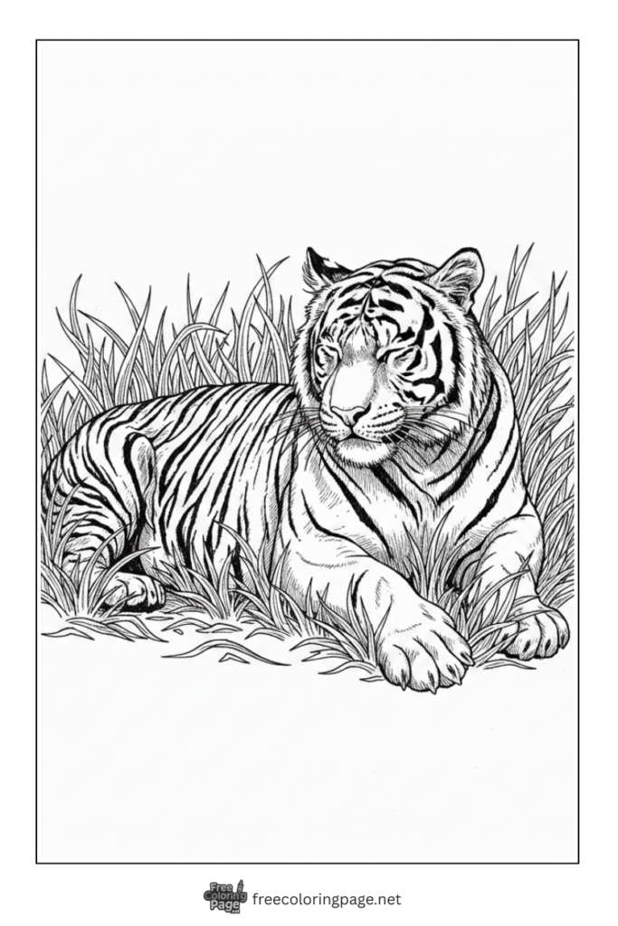 Coloring Page of Tiger sitting in grass