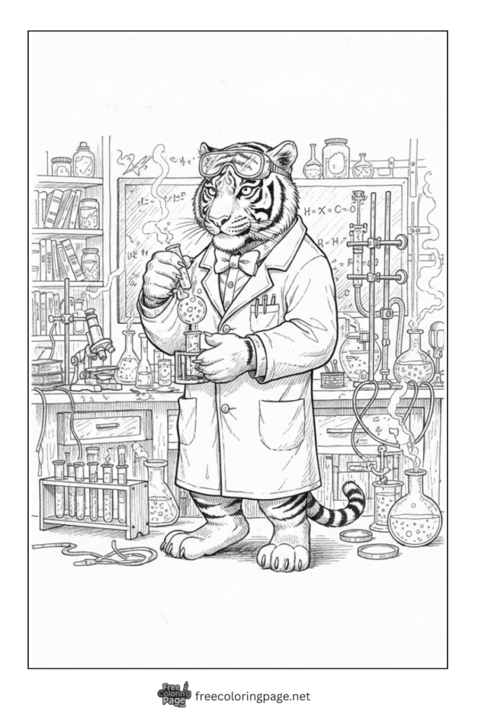 Coloring Page of Tiger as scientist in laboratory