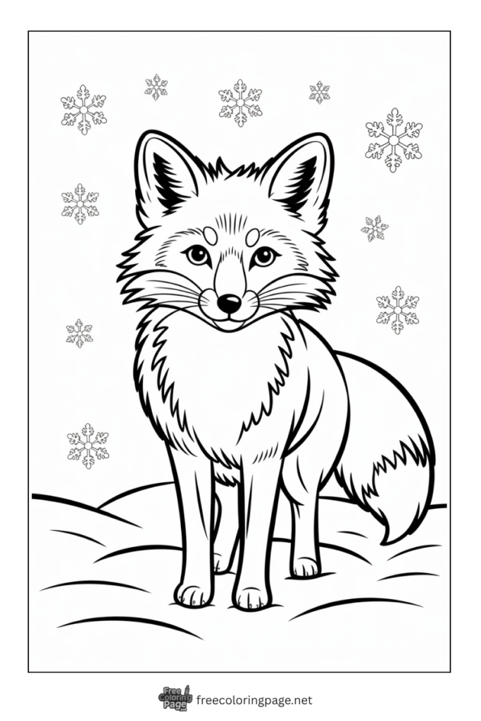 coloring page of fox  standing in snowfall