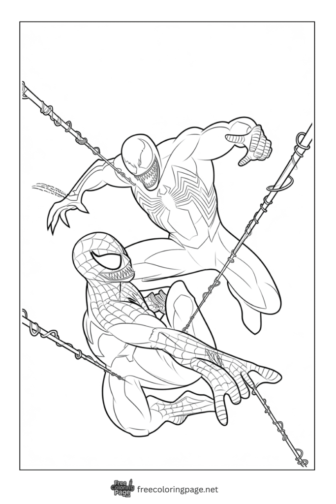 coloring page of venom tangling spiderman