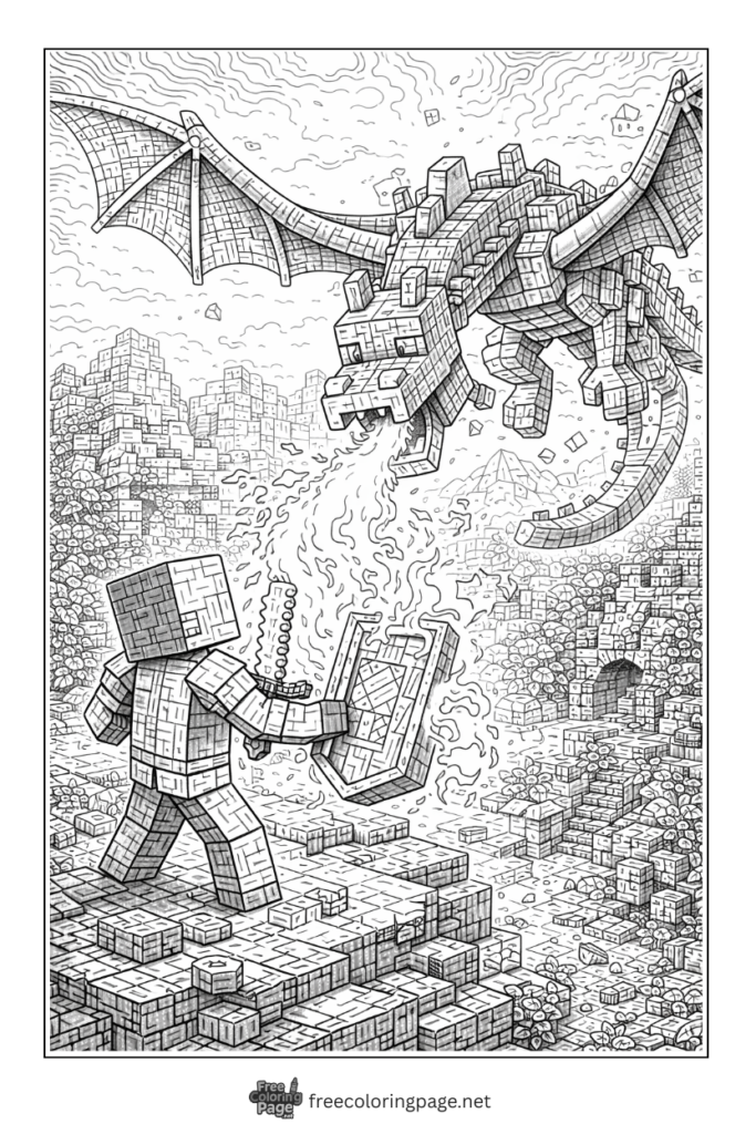 coloring page of detailed minecraft steve and dragon battle field