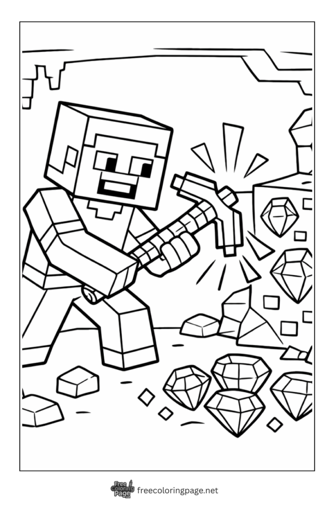 coloring page of minecraft steve minning the diamonds