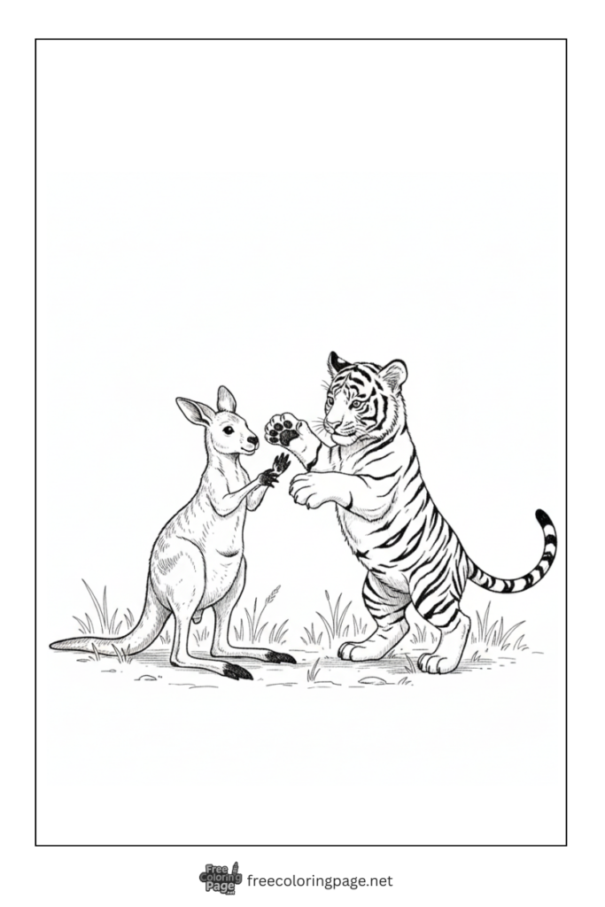 Coloring Page of Tiger with kangroo playing