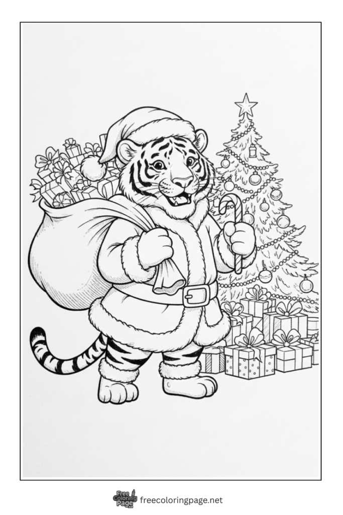 Coloring Page of Tiger as santa with christmas gifts