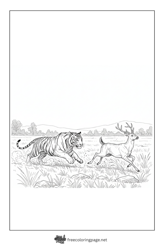 Coloring Page of Tiger chasing deer in wild