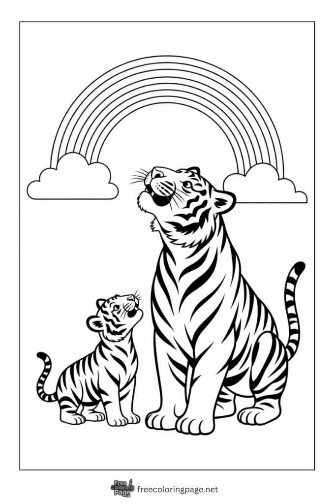 Coloring Page of Tiger and her cub under rainbow