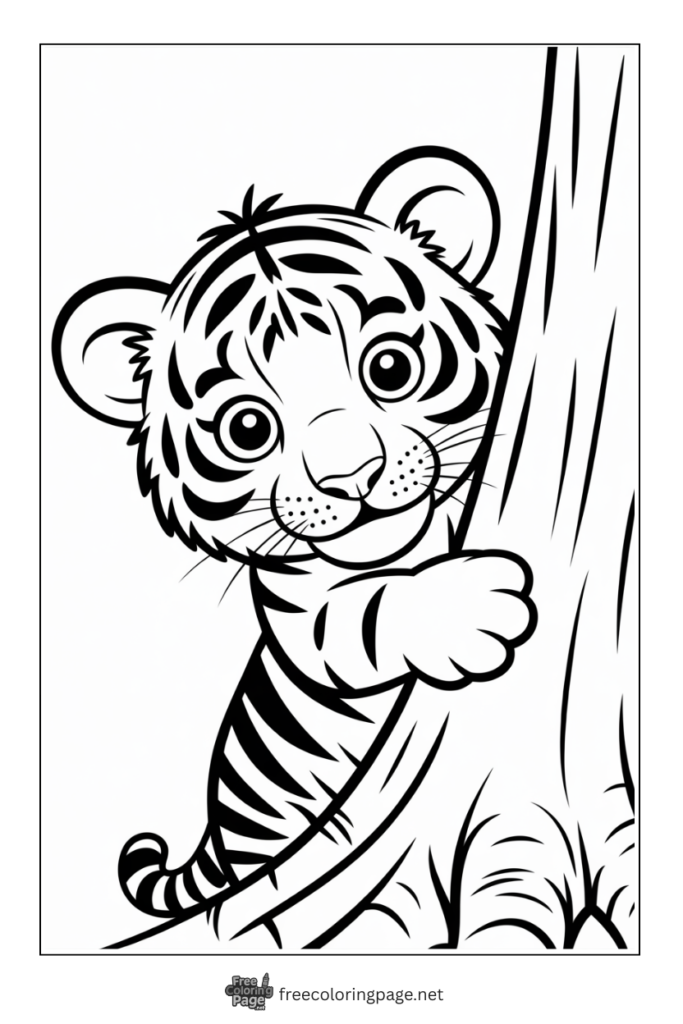coloring page of tiger cub playing hide and seek