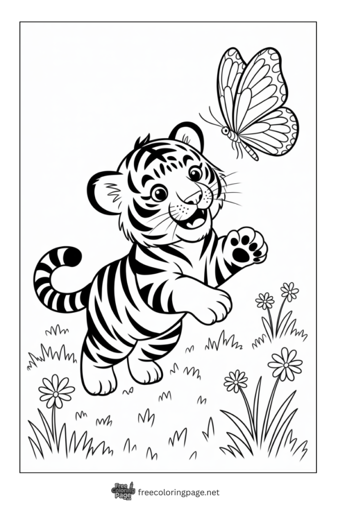 Coloring Page of baby Tiger playing with butterfly