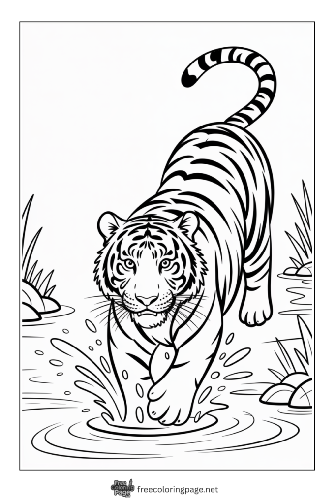 Coloring Page of Tiger splashing the water
