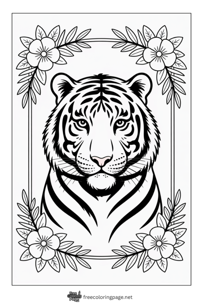 Coloring Page of Tiger in floral frame