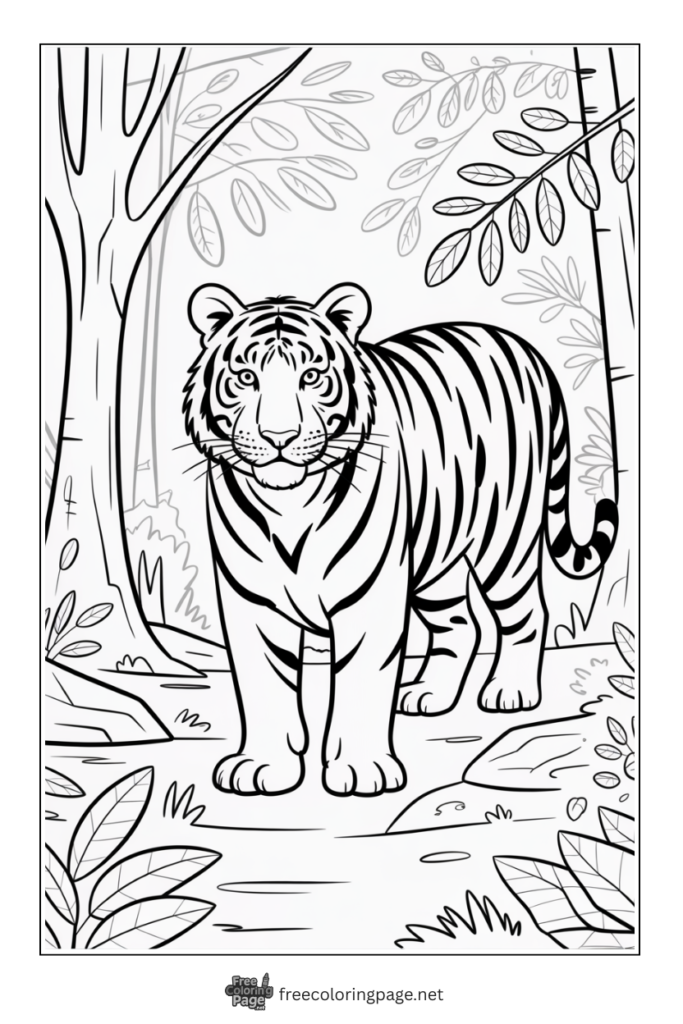 Coloring Page of Tiger standing in jungle