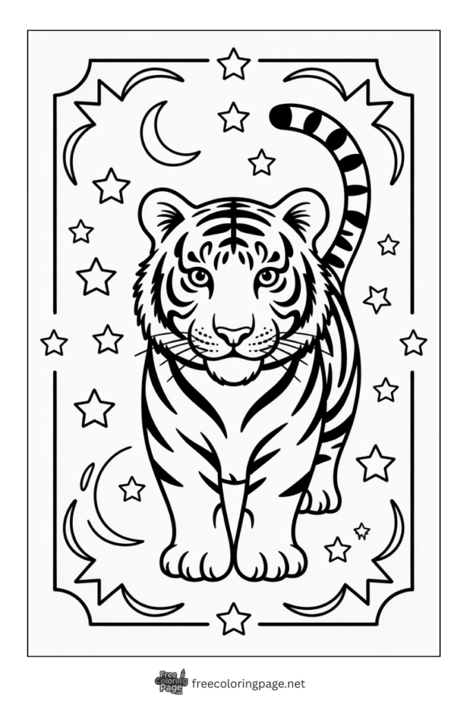 Coloring Page of Tiger with moon and stars background
