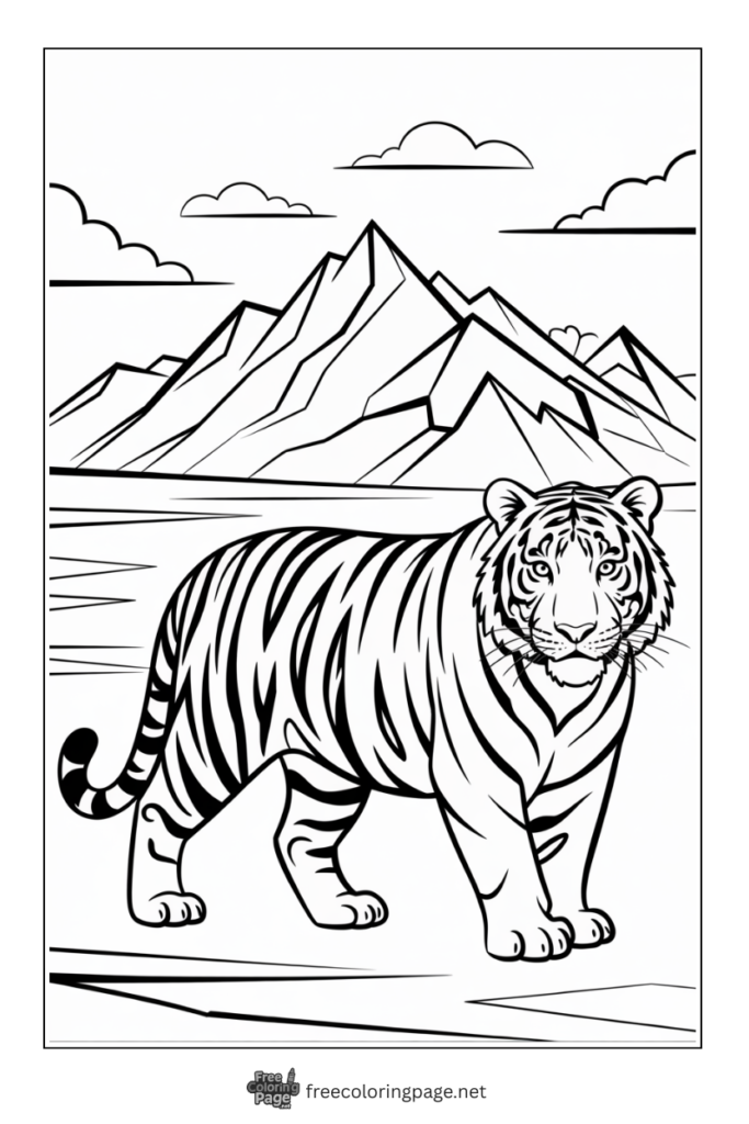 Coloring Page of Tiger in mountain landscape