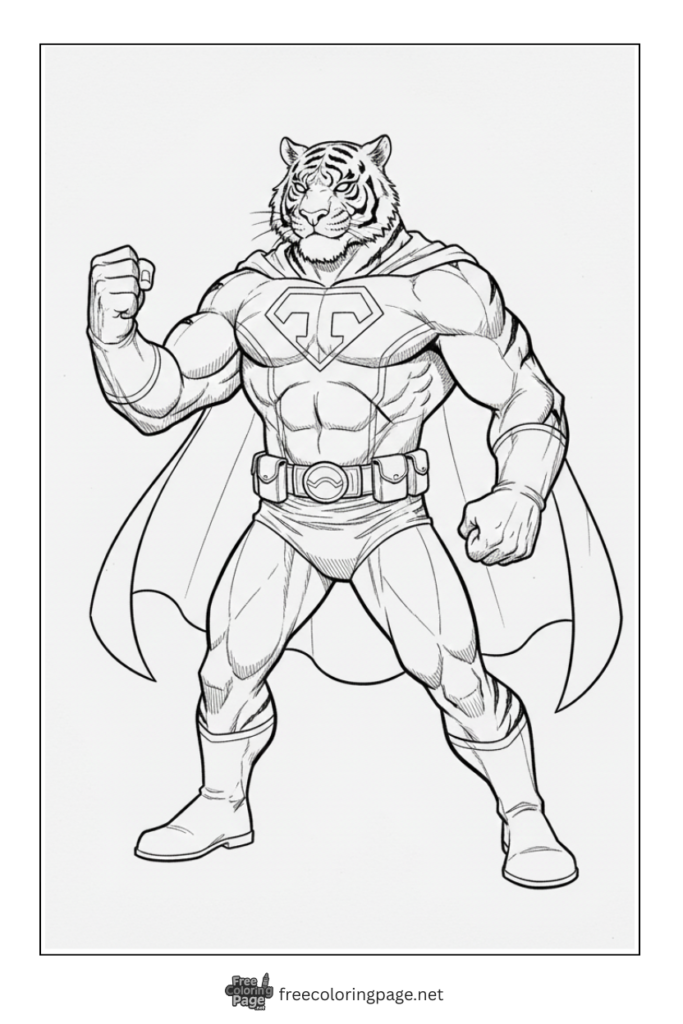 coloring page of tiger in super hero costume