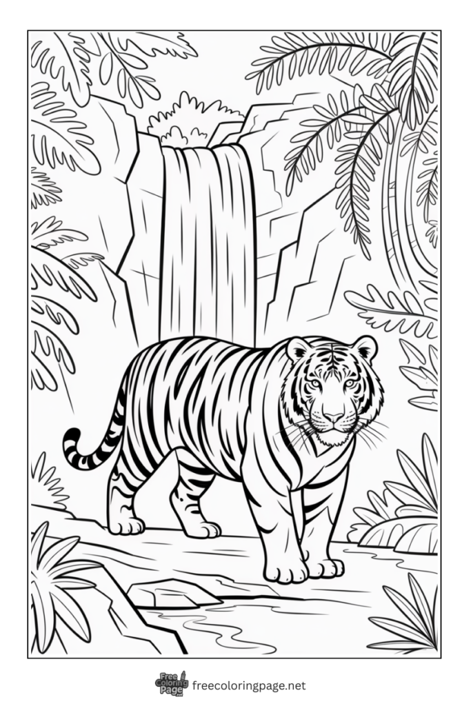 Coloring Page of Tiger standing near waterfall