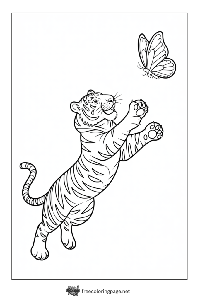 Coloring Page of Tiger with butterfly
