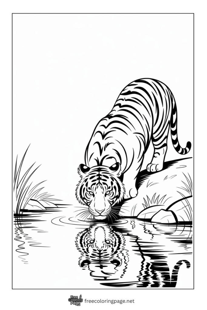 Coloring Page of Tiger drinking water from water source