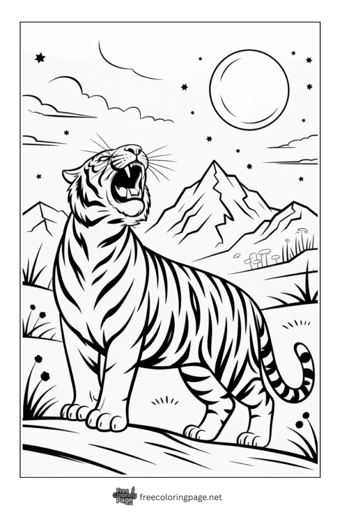 Coloring Page of Tiger snarling in moon light