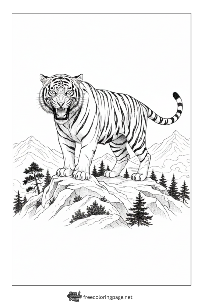 coloring page of tiger standing on small hill roaring