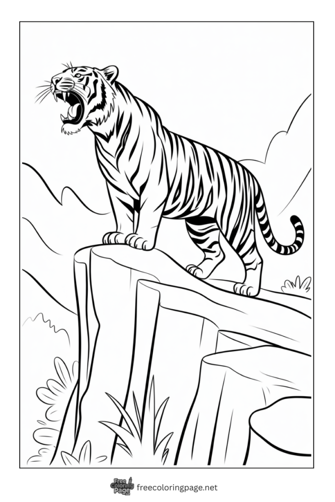 Coloring Page of Tiger roaring standing on clif