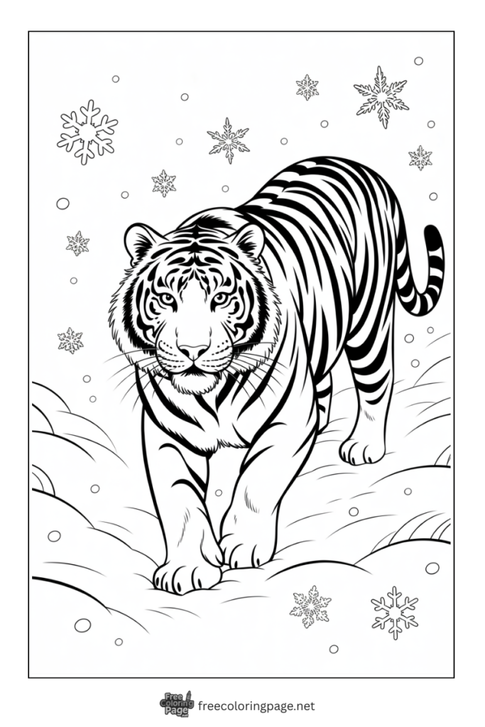Coloring Page of Tiger walking in snow
