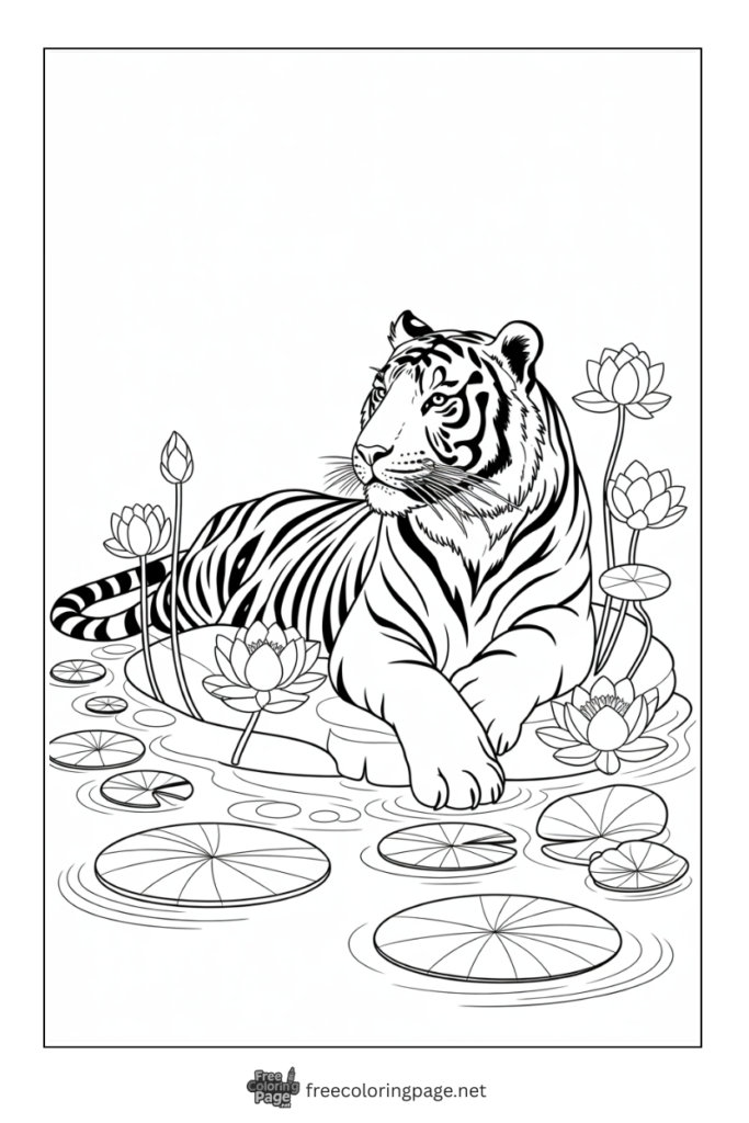 Coloring Page of Tiger sitting near lotus flowers