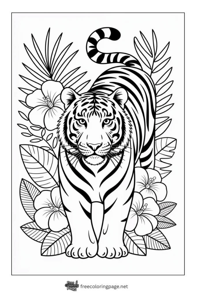 Coloring Page of Tiger with tropical flowers