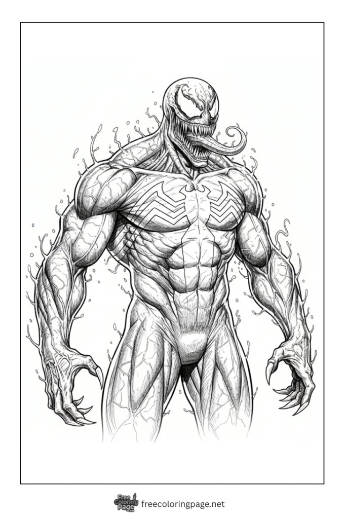 coloring page of venom super realistic with visible muscles