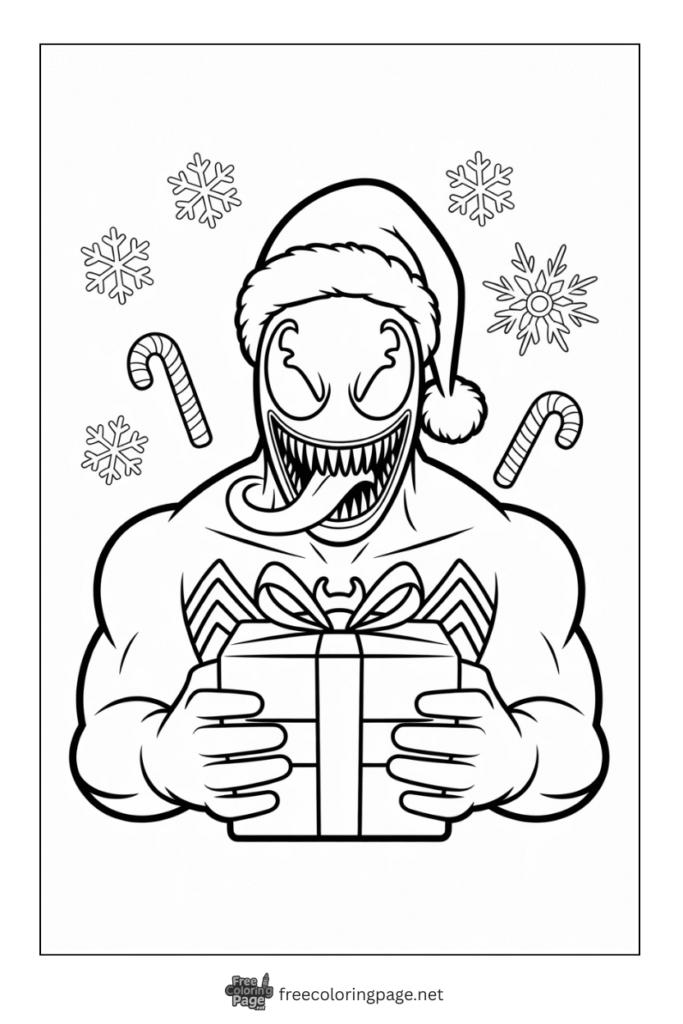 coloring page of venom with christmas gift