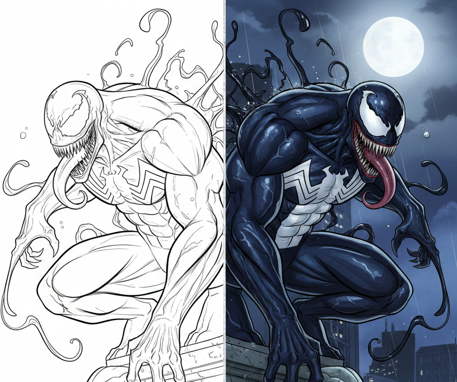 venom coloring pages showing drawing and realistic image