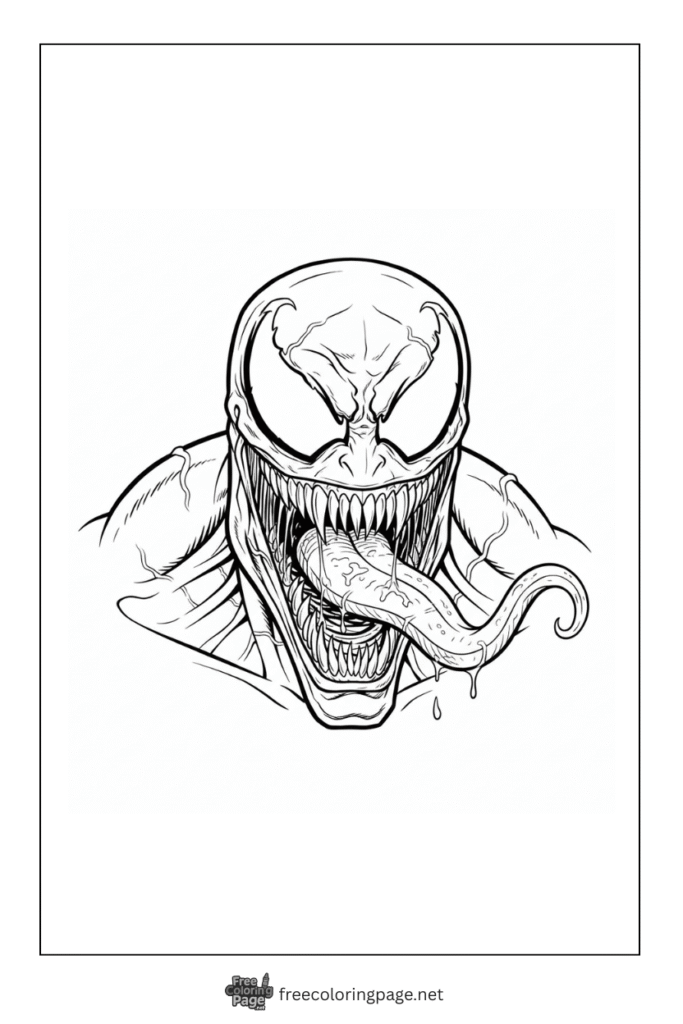 coloring page of venom detailed face and tongue close up