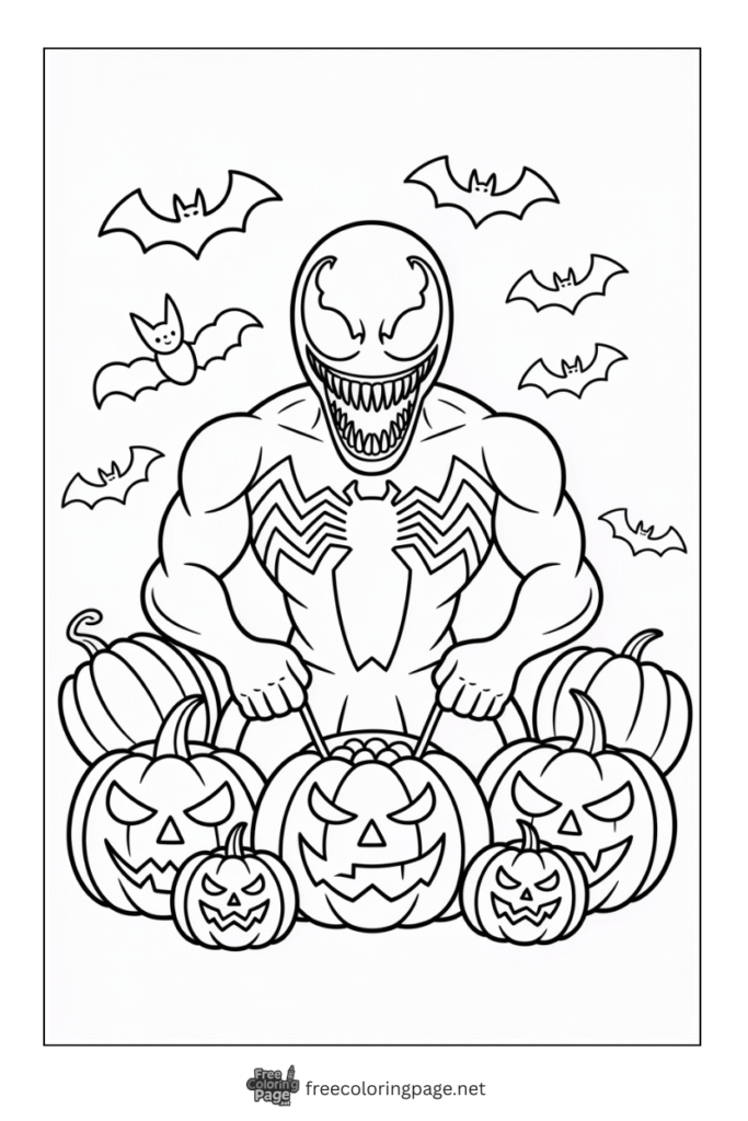 coloring page of venom celebrating halloween