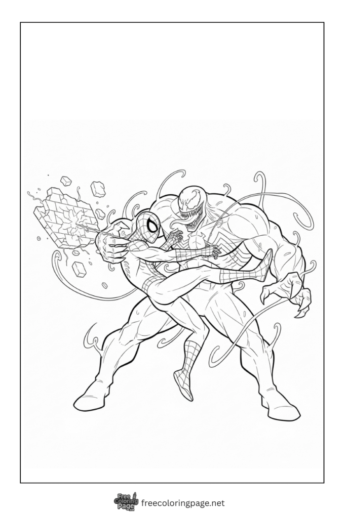 coloring page of venom and spideran fight action