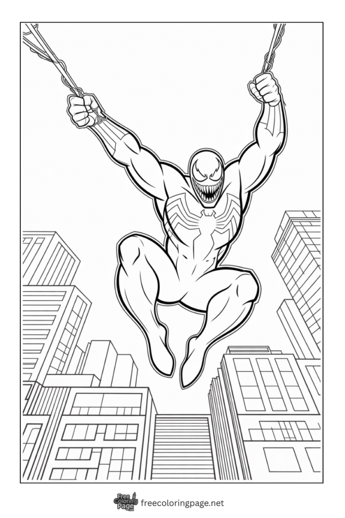coloring page of venom swinging with rope