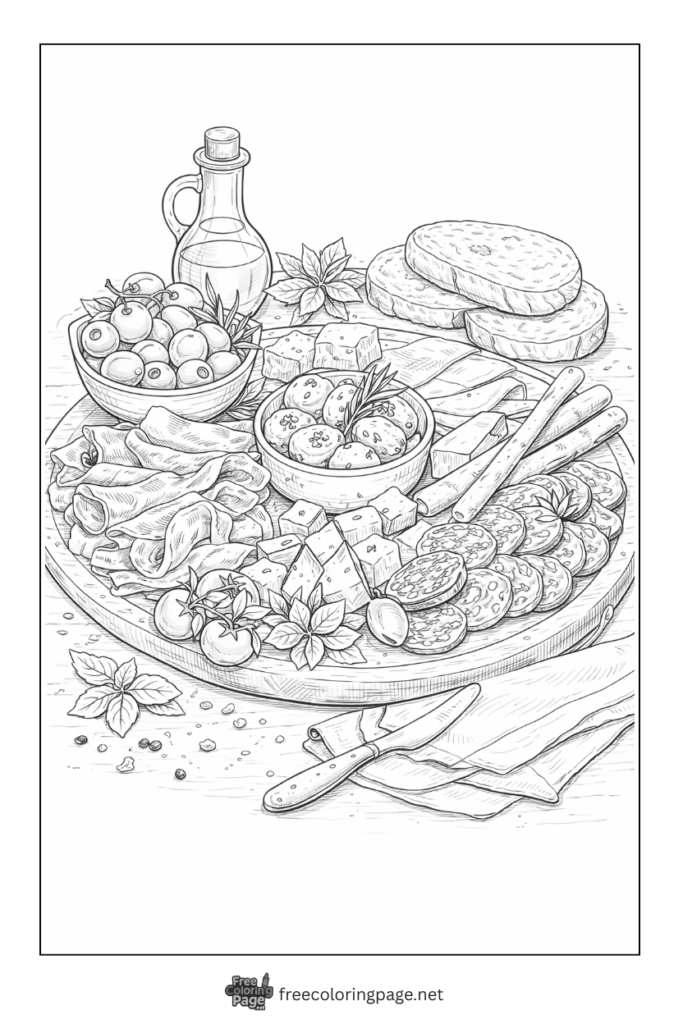 coloring page of italian antipasto platter
