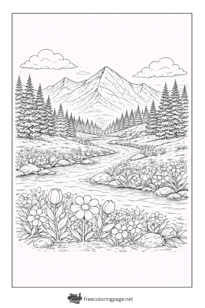 coloring page of colorado river flowing in spring meadows