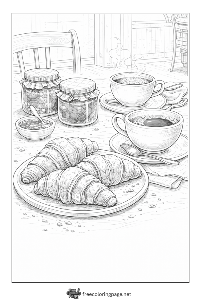 coloring page of french croissants jam jar with coffee