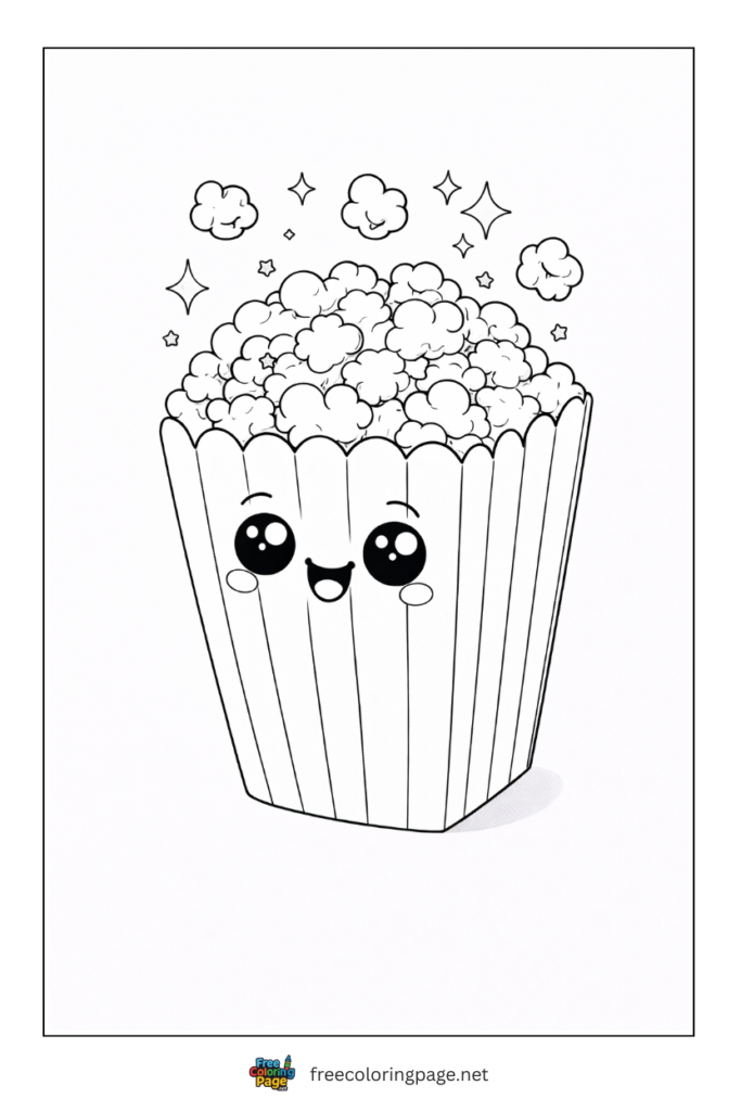 coloring page of cute kawaii styled pop corn box