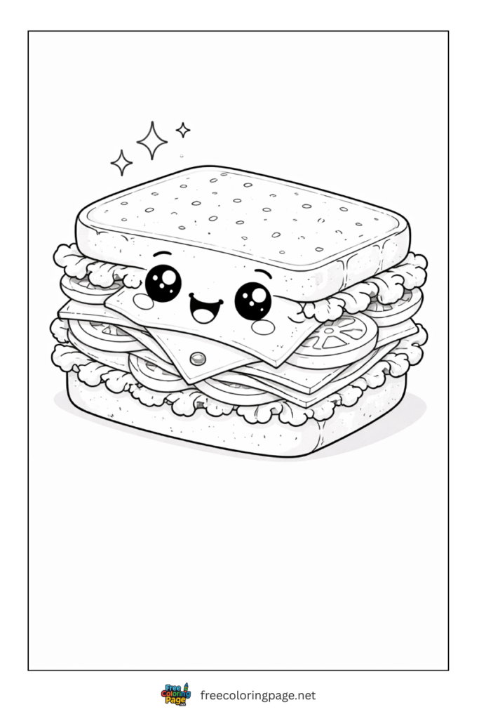 coloring page of cute smiling sandwich