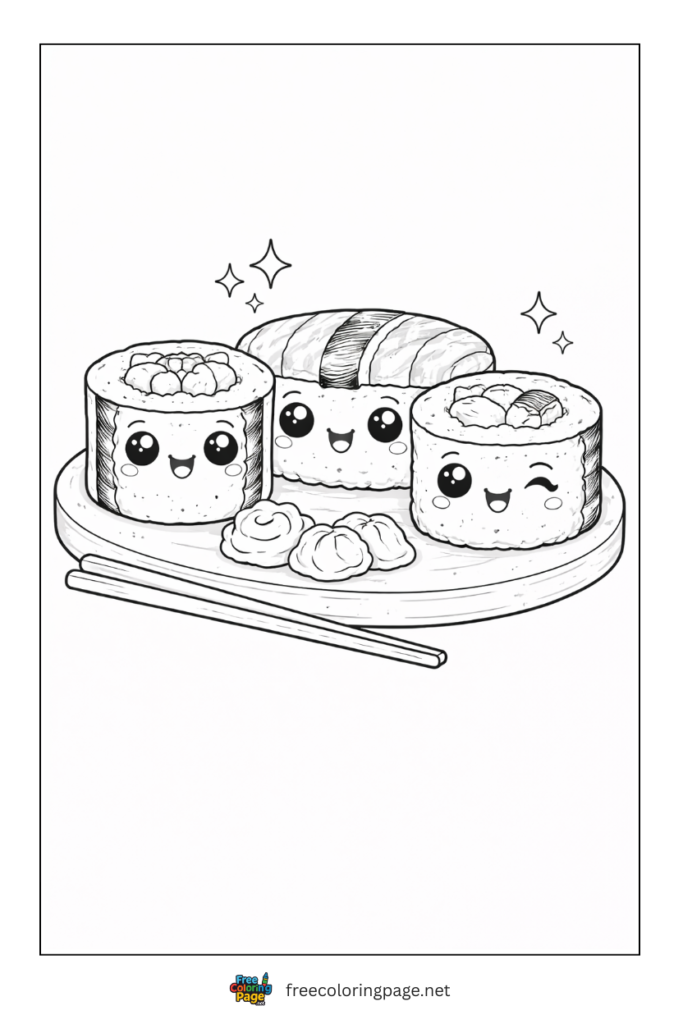 coloring page of cute kawaii sushi rolls