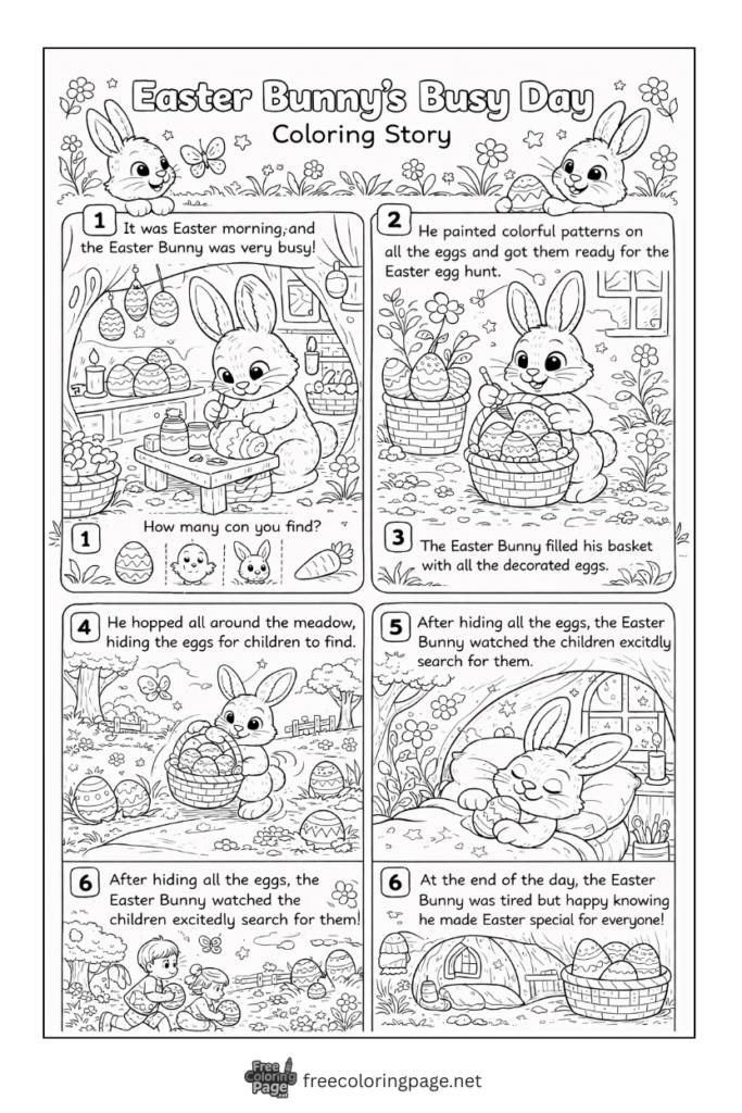 coloring page of easter bunny busy day story