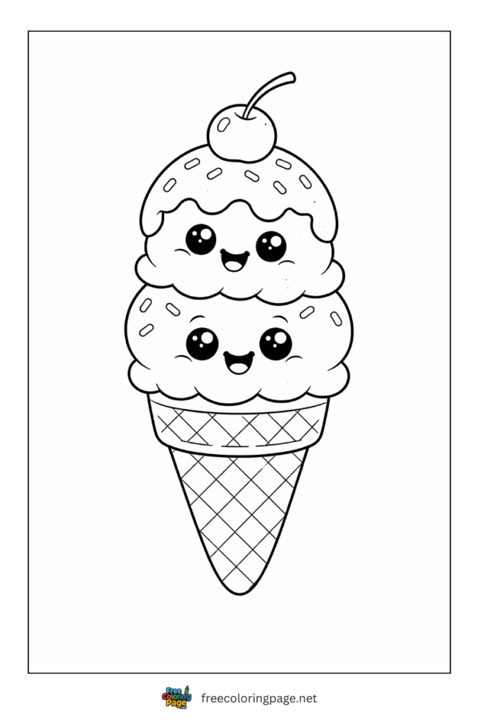 coloring page of cute kawaii style ice cream cone