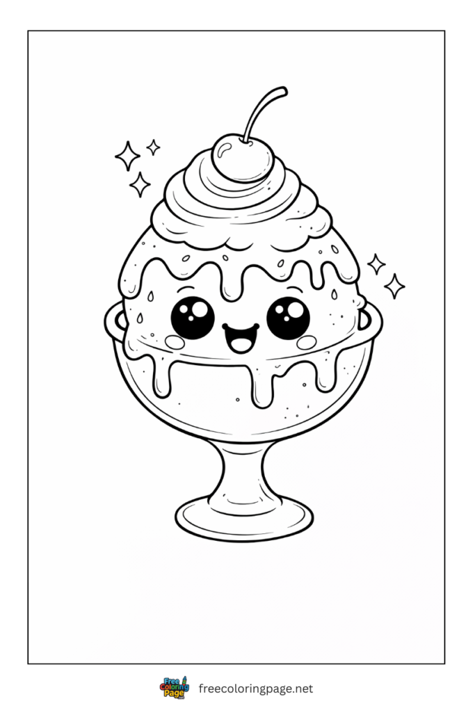 coloring page of cute kawaii style ice cream sundae with cherry on top