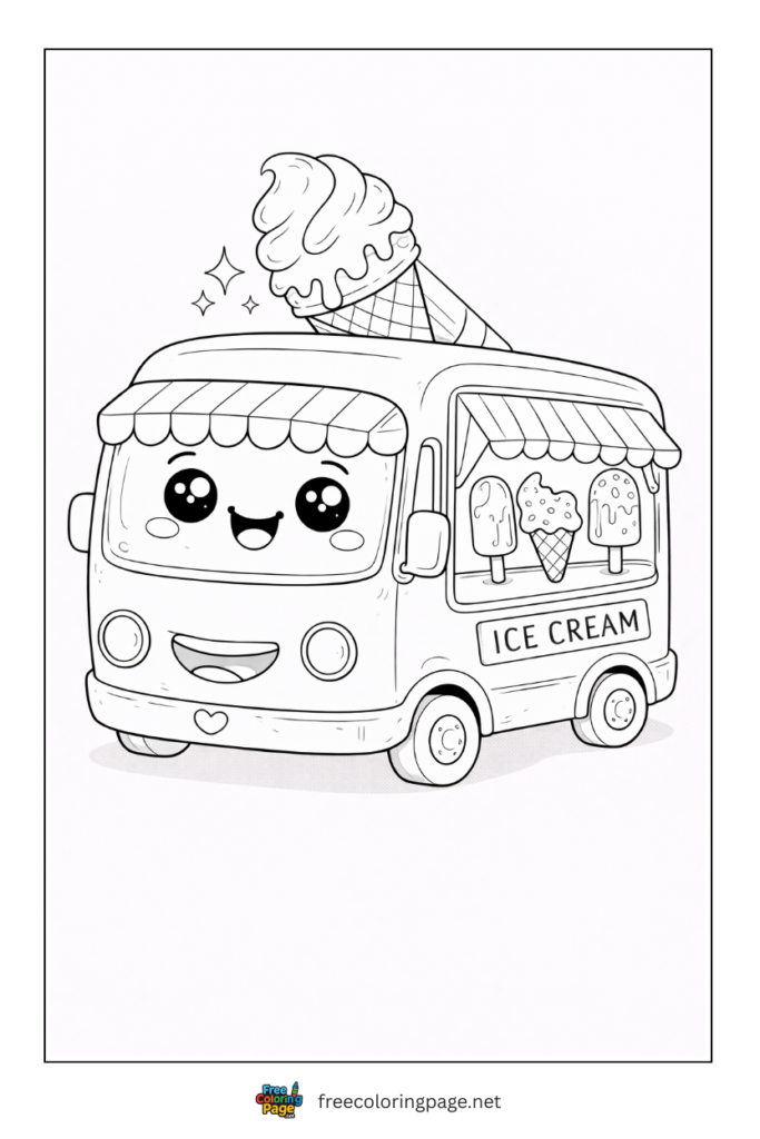 coloring page of cute moving ice cream truck