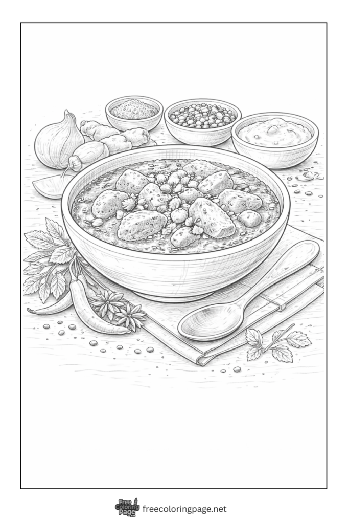 coloring page of indian rich curry bowl