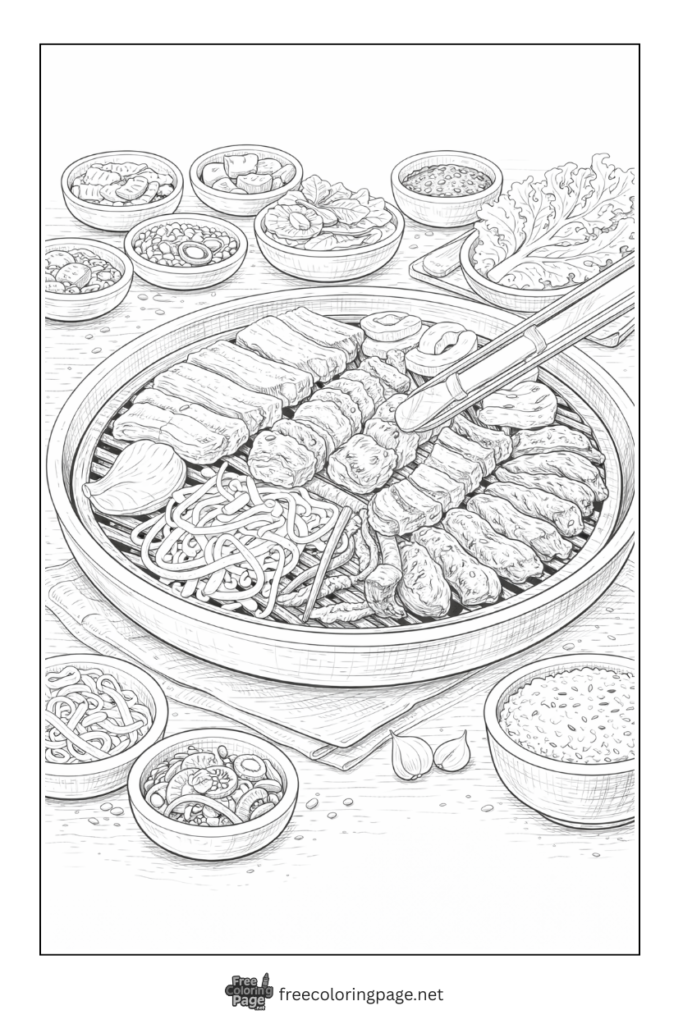 coloring page of korean bbq feast
