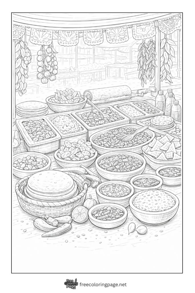 coloring page of mexican street food stand